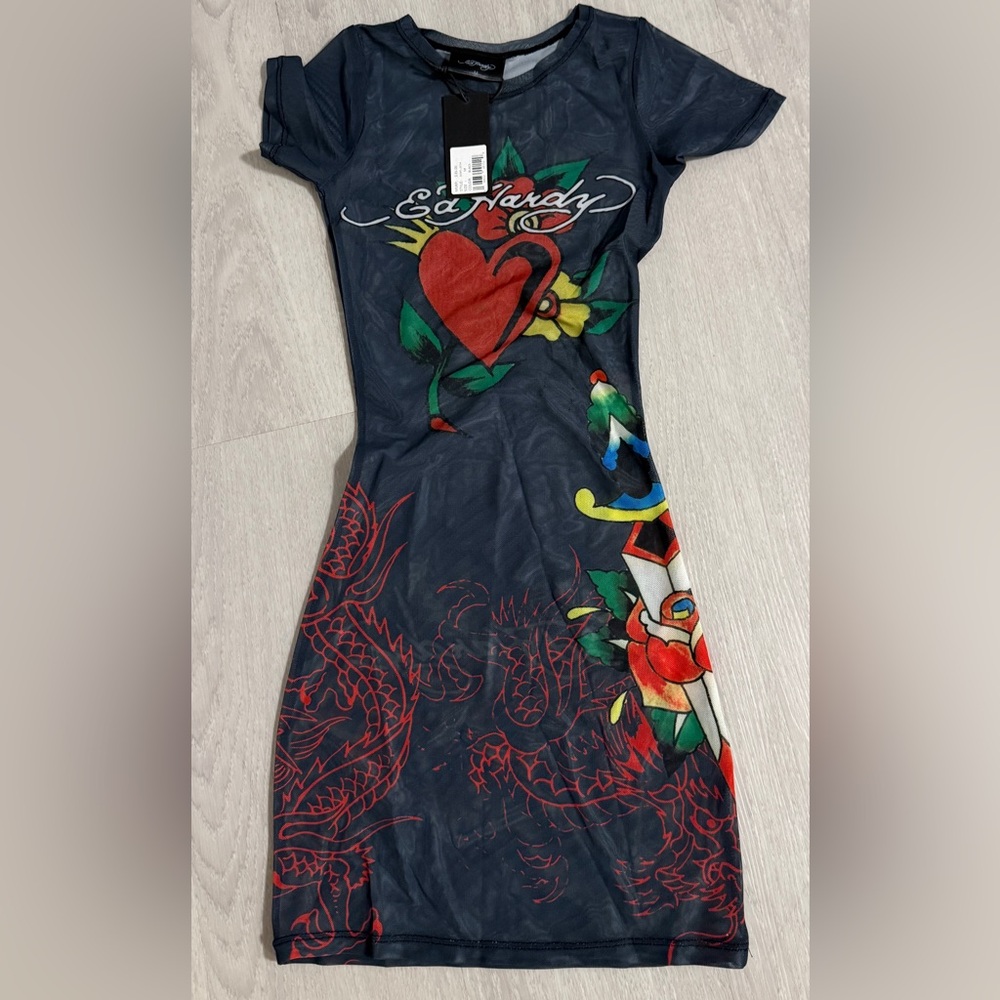 Ed Hardy Black Mini Dress with Red and Multicolor Graphics